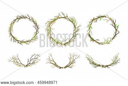 Bare Tree Branch Tied In Semi Circle And Wreath Vector Set