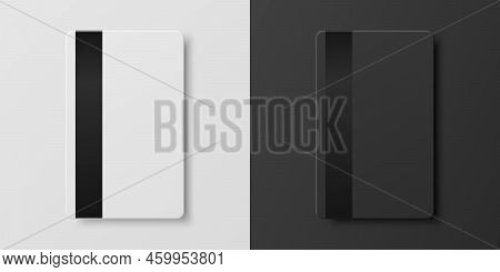 Vector 3d Realistic Black And White Blank Card With Magnetic Strip Set Isolated. Design Template Of 