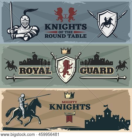 Knights Banners Set With Heraldry Ancient Castles Armed Horsemen On Worn Textural Background Isolate