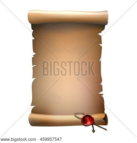 Single Old Paper Scroll With Damaged Edged And Red Wax Seal With Rope Isolated Vector Illustration