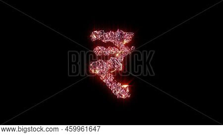 Bright Red Glowing Luxury Gems Alphabet - Rupee Sign, Isolated - Object 3d Rendering
