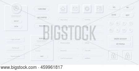 Neumorphism  Sign Up And Log In User Page. Registration Interface Elements Set. Modern Web Or Mobile