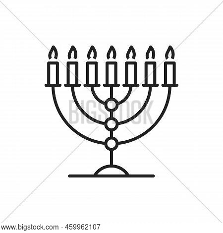 Seven Candles Hanukkah Menorah Isolated Line Art. Vector Jewish Candlestick, Judaism Symbol Candelab