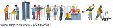Airport Staff, Airline Crew With Pilot And Stewardess, Security And Landing Workers. Vector Flat Ill