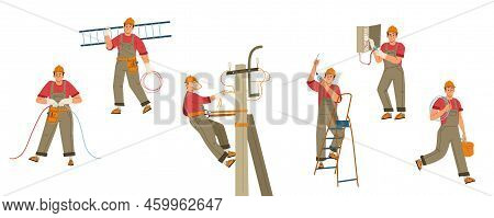 Electrician Worker With Tools, Ladder And Wires Isolated On White Background. Maintenance And Repair