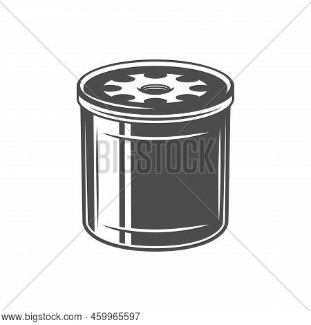 Retro Oil Filter Vehicle Spare Part Isolated Monochrome Icon. Vector Engine Motor Object To Change, 