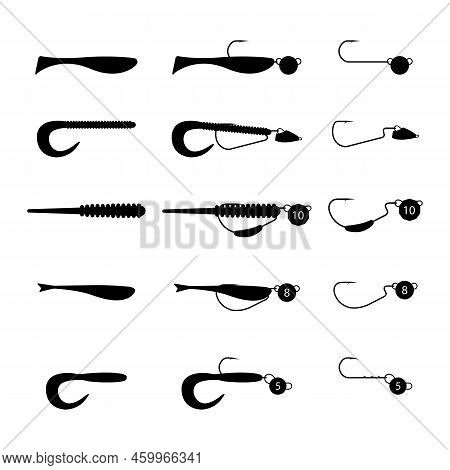 Articulated Rigs Of  Silicone Lures. Black Silhouettes On A White Background, Vector Illustration.