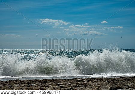 Sea Storm In Torrox Costa, Costa Del Sol, Small Touristic Town Between Malaga And Nerja, Andalusia,