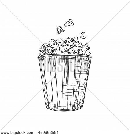 Bucket Of Popcorn Isolated Fast Food Snack Monochrome Sketch Icon. Vector Sugared Or Salted Baked Co