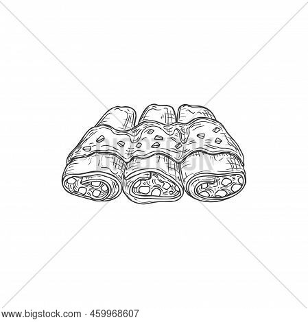 Shawarma, Enchilados Street Food Isolated Burrito Monochrome Sketch Icon. Vector Takeaway Food With 