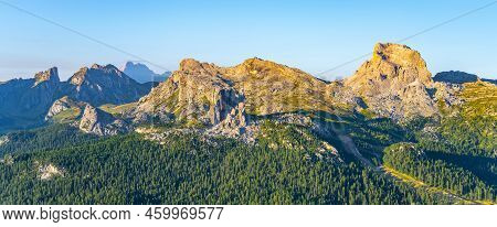 Dolomites Panoramic View At Morning Sunrise Time. Ra Gusela, Averau And Nuvolau Peaks. Italy