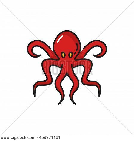 Retro Octopus Eight-limbed Mollusc Isolated Marine Animal Symbol Of Piracy. Vector Red Soft Bodied O