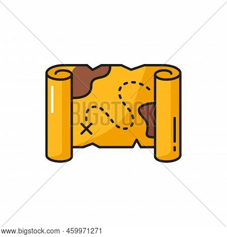 Vintage Pirate Treasure Map With X Spot, Torn Parchment Isolated Outline Icon. Vector Hidden Nautica