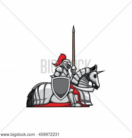 Military Medieval Knight In Metal Protection Suit, Helmet With Red Feathers, Breastplate, Sitting On