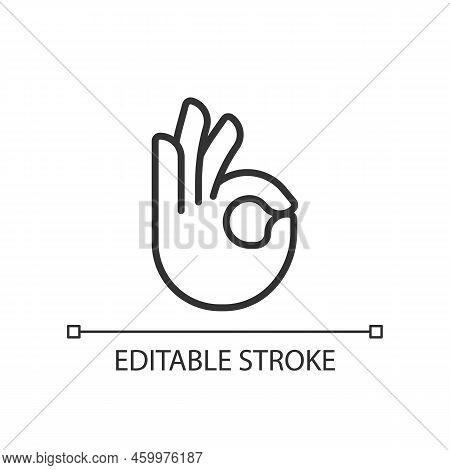 Ok Gesture Pixel Perfect Linear Icon. Agreement Sign. Approvement Symbol. Body Language. Thin Line I