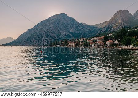 Sunset, Beautiful Landscape With Silhouettes Of Trees. Travel Concept. Montenegro, Kotor Bay. Sunset