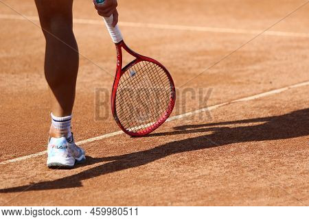 Kyiv, Ukraine - September 7, 2021: Sebastian Baez Of Argentina Shows The Ball Mark On A Clay Court D