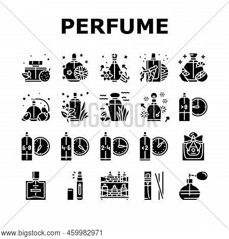 Perfumery Glass Luxury Cosmetic Icons Set Vector. Perfume Woman Beauty, Aroma Product, Scent Water, 