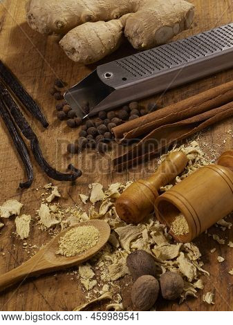 An Assortment Of Spices, Ginger; Allspice; Vanilla Bean; Cinnamon Stick; Dried Ginger; Nutmeg, With 