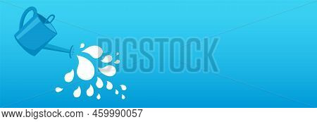 Long Banner With A Watering Can And Which Pours Water And Pours. Blue Background.