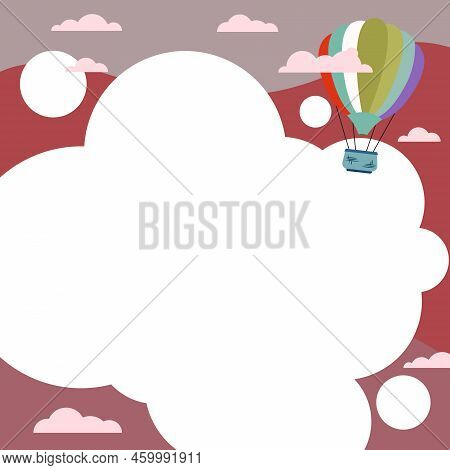 Hotair Balloon Illustration Flying Over The Clouds Reaching New Destinations. Zeppelin Roaming The S