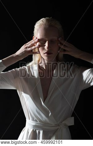 Young Blonde Albino Woman Doing Face Building Facial Gymnastics Self Massage And Rejuvenating Exerci