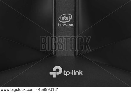Stariy Oskol, Russia - January 28, 2021: Intel Logo On Computer Network Equipment From Tp-link