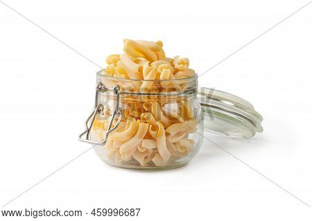 Italian Homemade Pasta In Glass Jar With Lid Isolated On White Background. Maccheroni, Maccheroncini