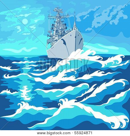 Vector Seascape With A Warship