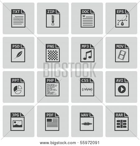Vector black file type icons set