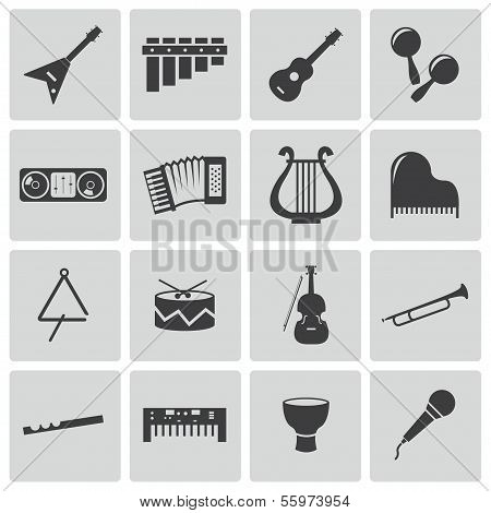Vector black music instruments icons set