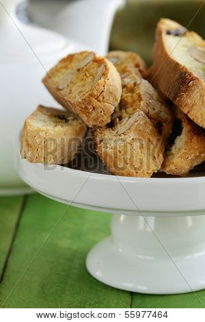 traditional Italian biscotti cookies (cantucci) on a wooden table