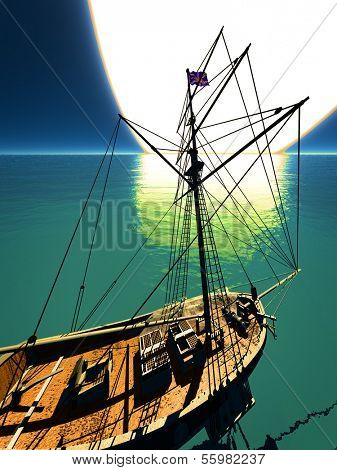 Pirate brigantine out on sea