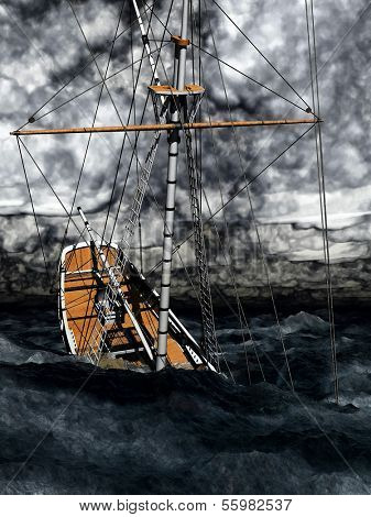 Sinking pirate brigantine on stormy seas