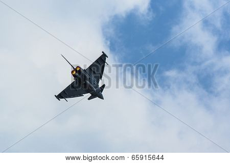 BERLIN, GERMANY - MAY 20, 2014: Multirole twin-engine fighter Eurofighter Typhoon (Germany), demonstration during the International Aerospace Exhibition ILA Berlin Air Show-2014.