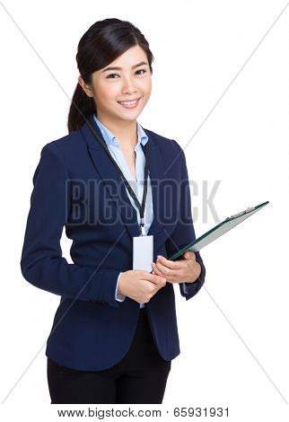 Business woman holding clipboard