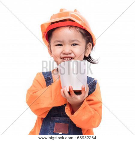 Smile Asian Engineer Baby Girl Holding The White Mug