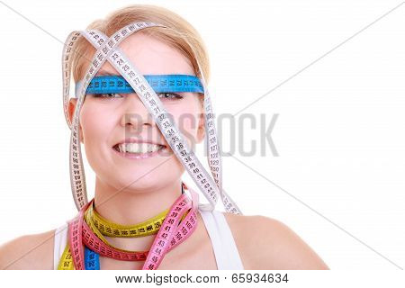 Obsessed Fitness Woman With A Lot Of Colorful Measure Tapes