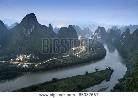 Karst mountain landscape on the Li River in Xingping, Guangxi Province, China.