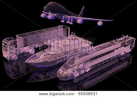 Types of transport. 3d model on black background