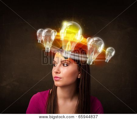Preety woman with light bulbs circleing around her head 