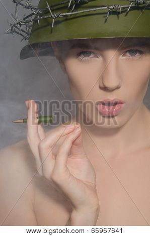 Female Soldier In Helmet With Bullet-cigarette