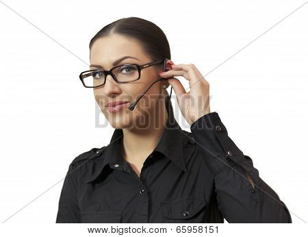 Beautiful Business Woman With Headset. Isolated On White