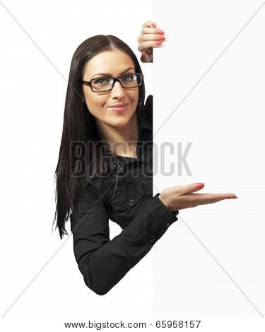 Beautiful Woman With Glasses Holding A Blank Billboard