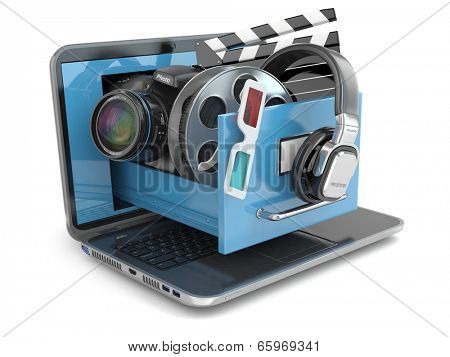 Multimedia concept. Laptop, camera , headphones and video attributes. 3d