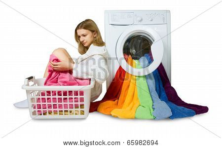Young Girl And Washing Machine With Colorful Things To Wash, Isolated