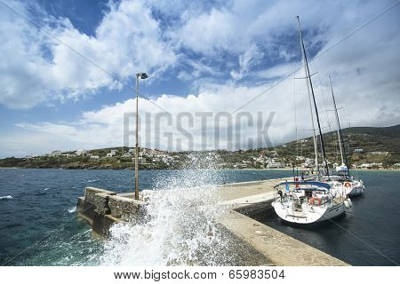 ANDROS, GREECE - APR 28, 2014: Marina of Andros, is the northernmost island of the Greek Cyclades archipelago in the Aegean Sea - area is 380 km2, 40 km long, and its greatest breadth is 16 km.