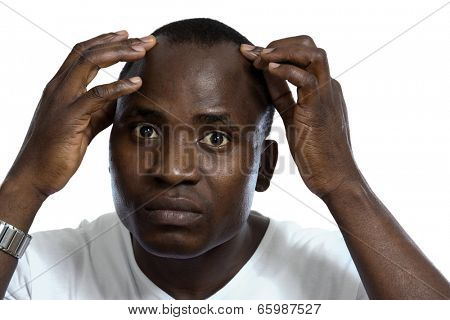 African american with head pain, isolated on white background