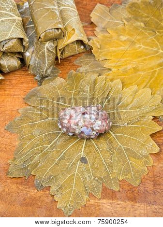 Preparing Of Dolma From Grape Leaves, Mince, Rice