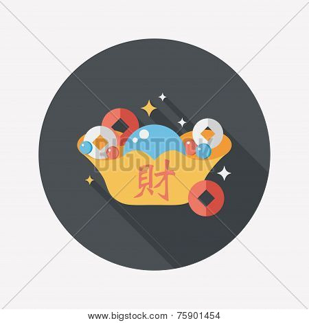 Chinese New Year Flat Icon With Long Shadow,eps10, Gold Ingot With Chinese Words Means 
